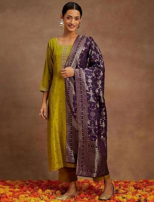 Mustard color designer embroidered ethnic partywear suit for girls 1