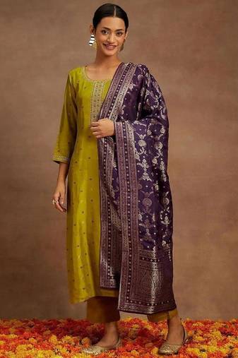 Mustard color designer embroidered ethnic partywear suit for girls