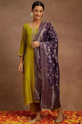 Mustard color designer embroidered ethnic partywear suit for girls