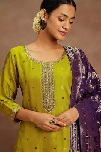 Mustard color designer embroidered ethnic partywear suit for girls