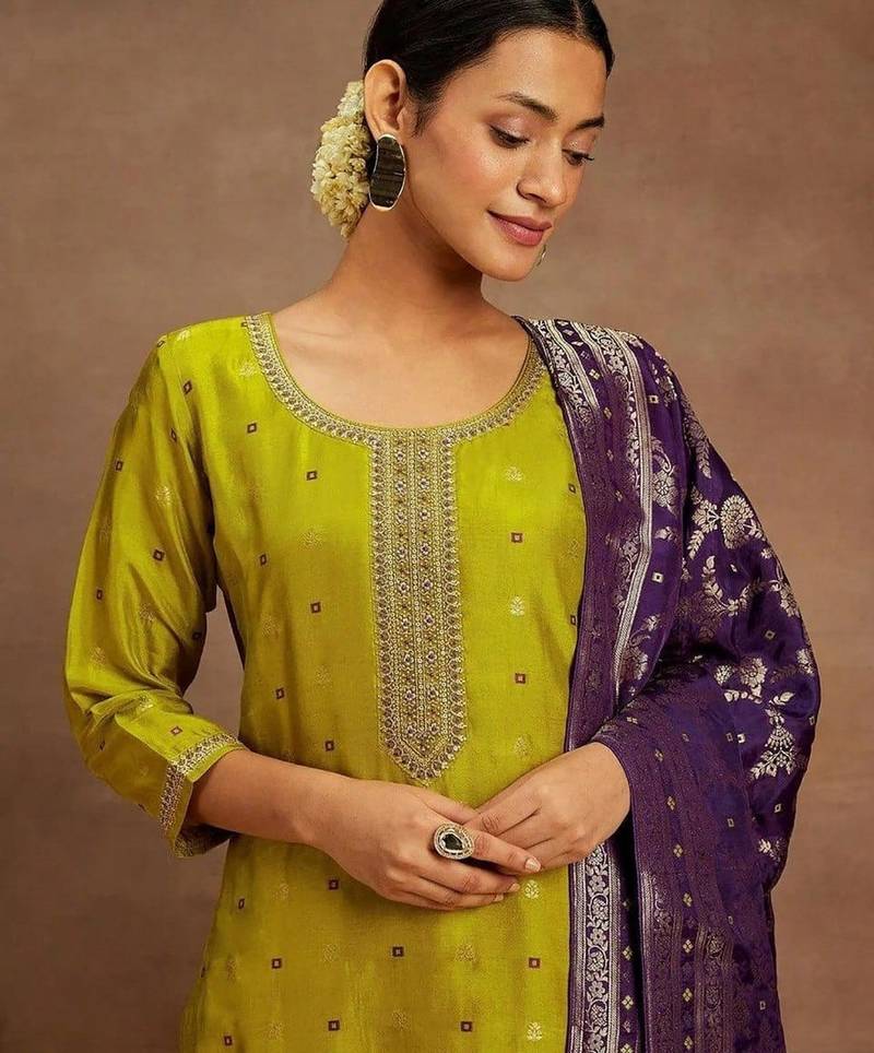 Mustard color designer embroidered ethnic partywear suit for girls