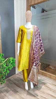 Mustard color designer embroidered ethnic partywear suit for girls 4