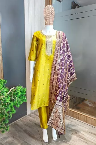 Mustard color designer embroidered ethnic partywear suit for girls