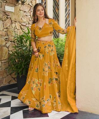 Yellow Color French Crepe Fabric Designer Digital Printed Graceful Ethnic Lehenga Set 1