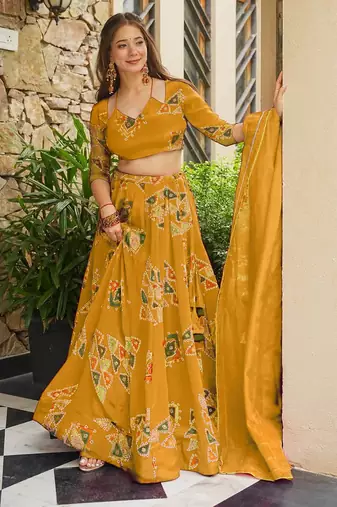 Yellow Color French Crepe Fabric Designer Digital Printed Graceful Ethnic Lehenga Set