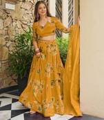 Yellow Color French Crepe Fabric Designer Digital Printed Graceful Ethnic Lehenga Set