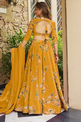 Yellow Color French Crepe Fabric Designer Digital Printed Graceful Ethnic Lehenga Set