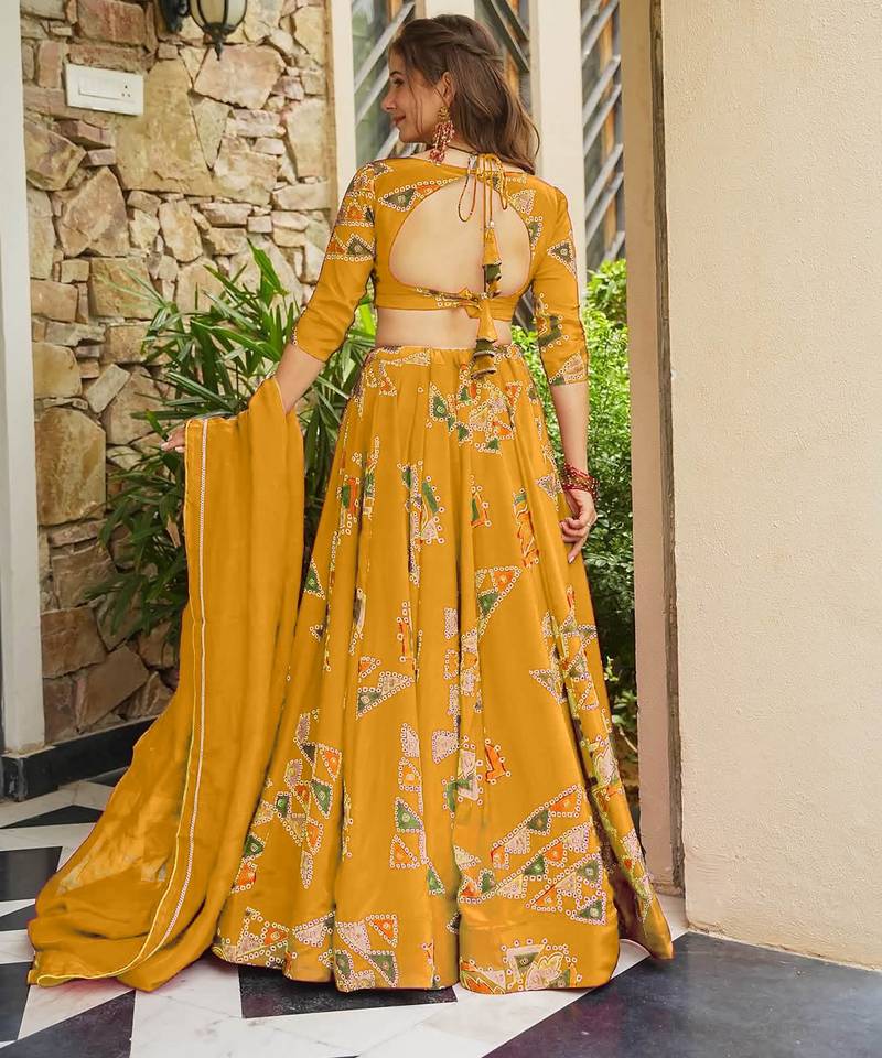 Yellow Color French Crepe Fabric Designer Digital Printed Graceful Ethnic Lehenga Set