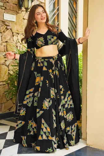 Black French Crepe Digital Printed Ethnic Lehenga Set