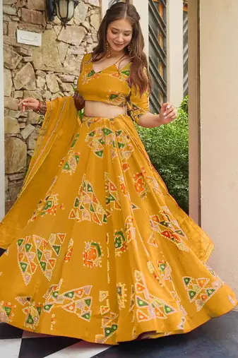 Yellow Color French Crepe Fabric Designer Digital Printed Graceful Ethnic Lehenga Set