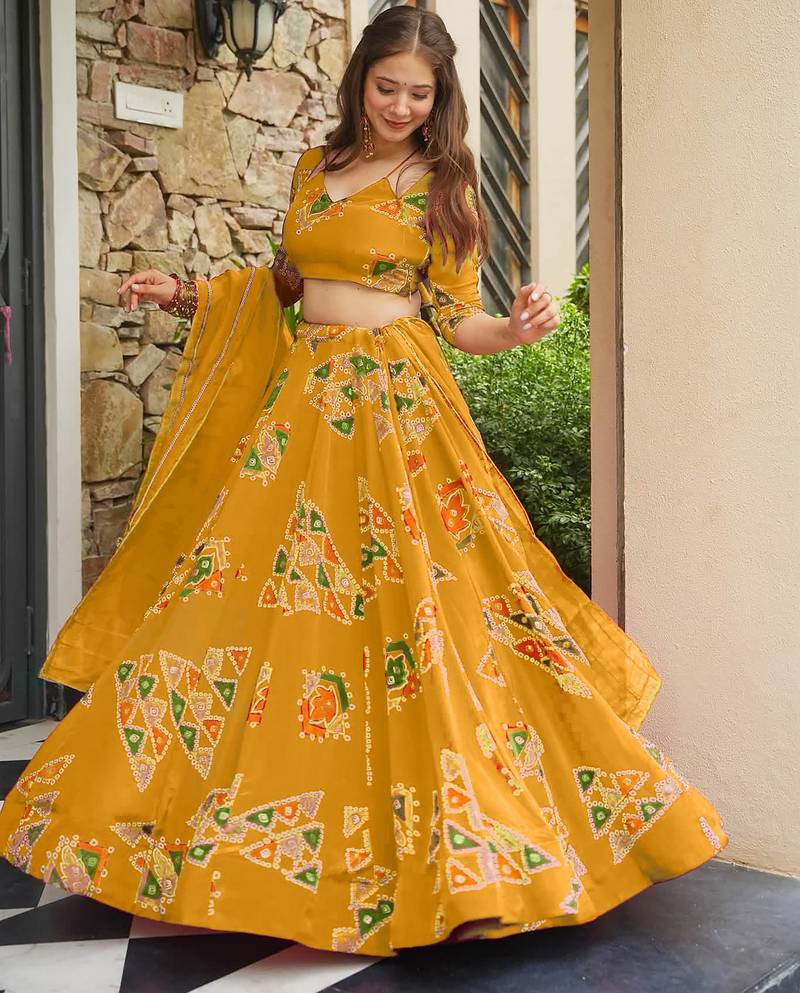 Yellow Color French Crepe Fabric Designer Digital Printed Graceful Ethnic Lehenga Set