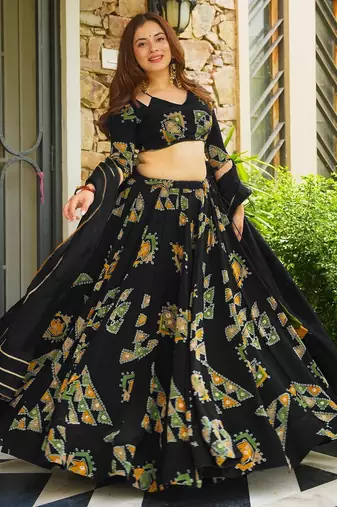 Black French Crepe Digital Printed Ethnic Lehenga Set