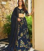 Blue French Crepe Digital Printed Ethnic Lehenga Set
