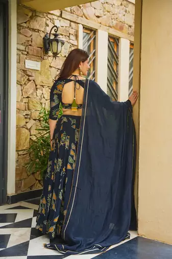 Blue French Crepe Digital Printed Ethnic Lehenga Set
