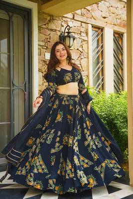 Blue French Crepe Digital Printed Ethnic Lehenga Set 3