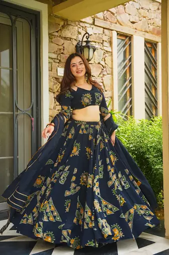 Blue French Crepe Digital Printed Ethnic Lehenga Set