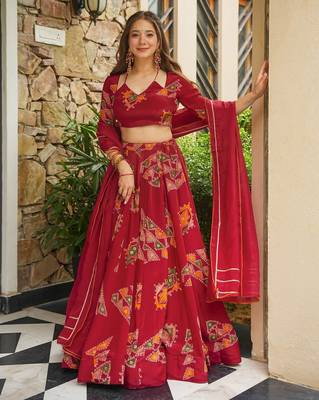 Red French Crepe Digital Printed Ethnic Lehenga Set 1