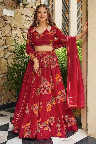 Red French Crepe Digital Printed Ethnic Lehenga Set