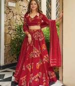 Red French Crepe Digital Printed Ethnic Lehenga Set