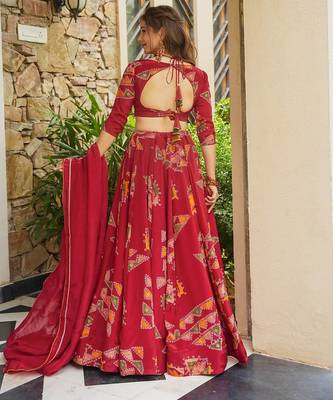 Red French Crepe Digital Printed Ethnic Lehenga Set 2