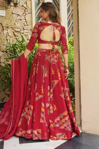 Red French Crepe Digital Printed Ethnic Lehenga Set