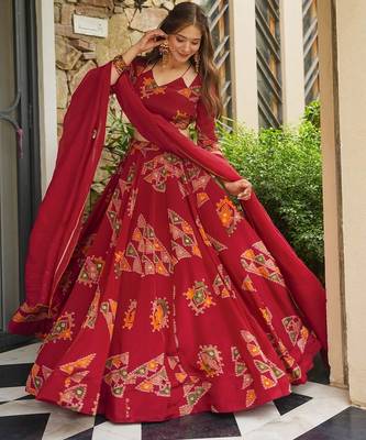 Red French Crepe Digital Printed Ethnic Lehenga Set 3