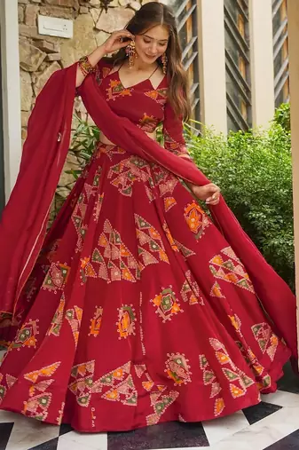 Red French Crepe Digital Printed Ethnic Lehenga Set