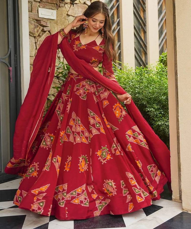 Red French Crepe Digital Printed Ethnic Lehenga Set