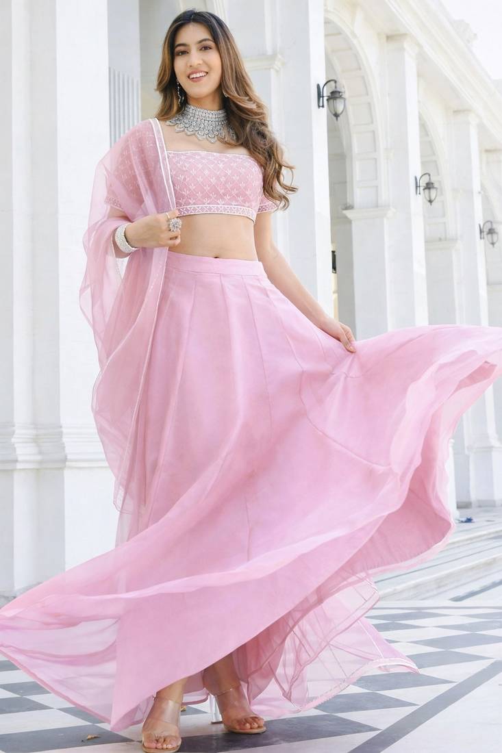 Baby Pink Organza Ceremonial Lehenga Set