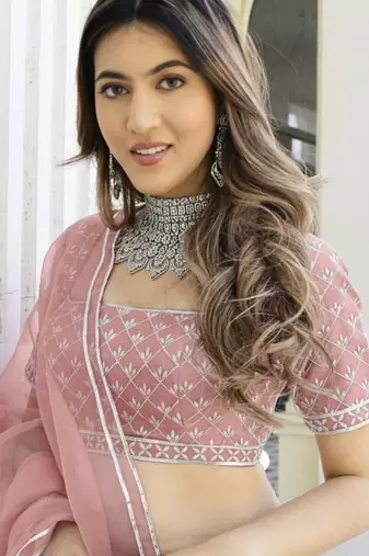 Peach Color Smart Organza Fabric Girlie Bollywood Style Ceremonial Lehenga Set