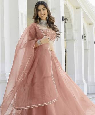 Peach Color Smart Organza Fabric Girlie Bollywood Style Ceremonial Lehenga Set 1