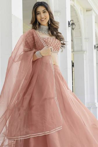 Peach Color Smart Organza Fabric Girlie Bollywood Style Ceremonial Lehenga Set