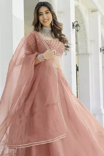 Peach Color Smart Organza Fabric Girlie Bollywood Style Ceremonial Lehenga Set