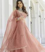 Peach Color Smart Organza Fabric Girlie Bollywood Style Ceremonial Lehenga Set