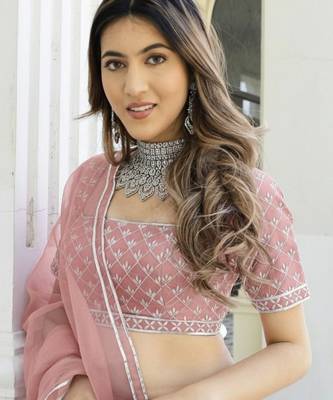 Peach Color Smart Organza Fabric Girlie Bollywood Style Ceremonial Lehenga Set 3