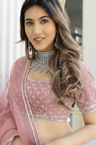 Peach Color Smart Organza Fabric Girlie Bollywood Style Ceremonial Lehenga Set