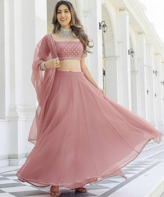 Peach Color Smart Organza Fabric Girlie Bollywood Style Ceremonial Lehenga Set 4