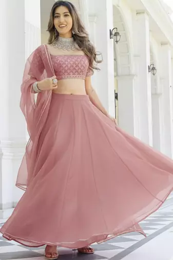 Peach Color Smart Organza Fabric Girlie Bollywood Style Ceremonial Lehenga Set