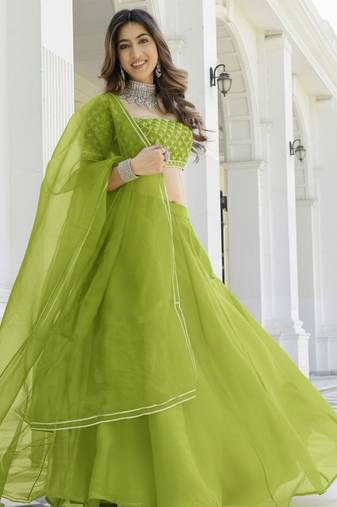 Perrot Green Organza Ceremonial Lehenga Set
