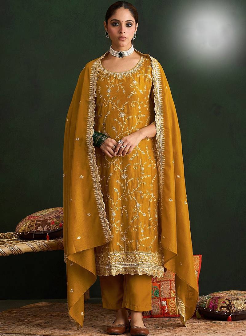 Mustard color smart ethnic ceremonial vichitra silk embroidered suit