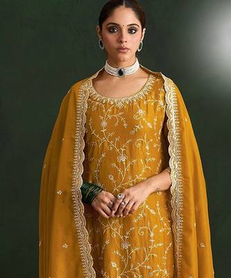 Mustard color smart ethnic ceremonial vichitra silk embroidered suit 2