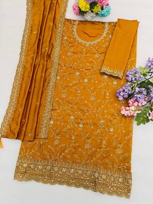 Mustard color smart ethnic ceremonial vichitra silk embroidered suit 3