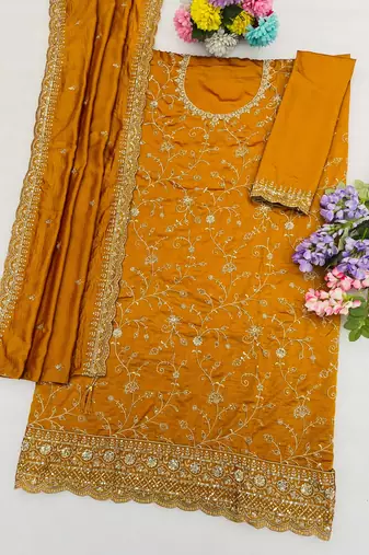 Mustard color smart ethnic ceremonial vichitra silk embroidered suit