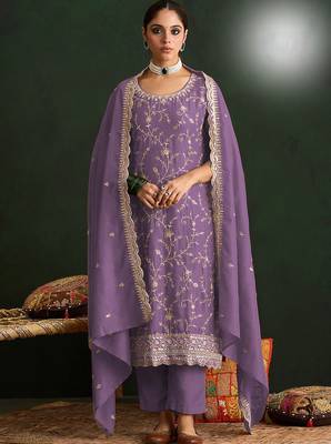 Lavender color smart ethnic ceremonial vichitra silk embroidered suit 1