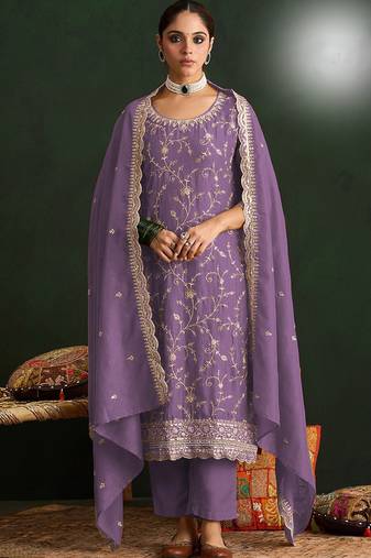 Lavender color smart ethnic ceremonial vichitra silk embroidered suit