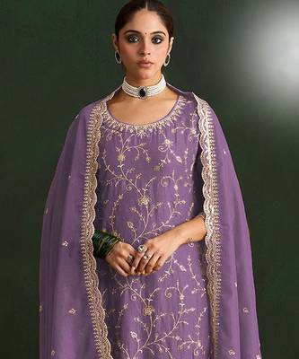 Lavender color smart ethnic ceremonial vichitra silk embroidered suit 2