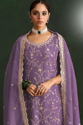 Lavender color smart ethnic ceremonial vichitra silk embroidered suit