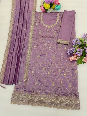 Lavender color smart ethnic ceremonial vichitra silk embroidered suit 3