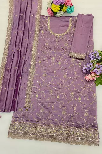 Lavender color smart ethnic ceremonial vichitra silk embroidered suit