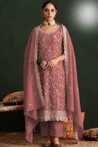 Pink color smart ethnic ceremonial vichitra silk embroidered suit